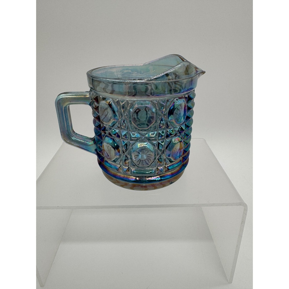 Vintage Blue Carnival Glass Creamer Pitcher Hobstar Medallion Iridescent 3.75in